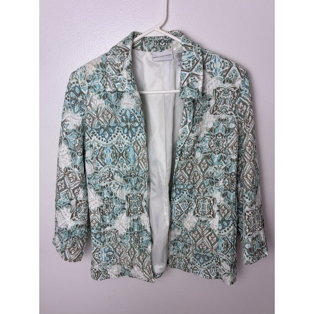 Alfred Dunner Turquoise Geometric Crinkle Open Front Blazer Jacket  8